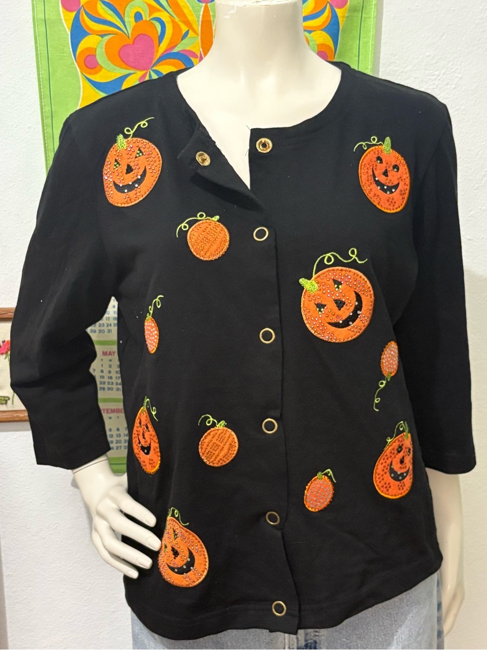 Onque Casuals Black Sequin Pumpkin Embellished Long Sleeve Cotton Blend Cardigan
